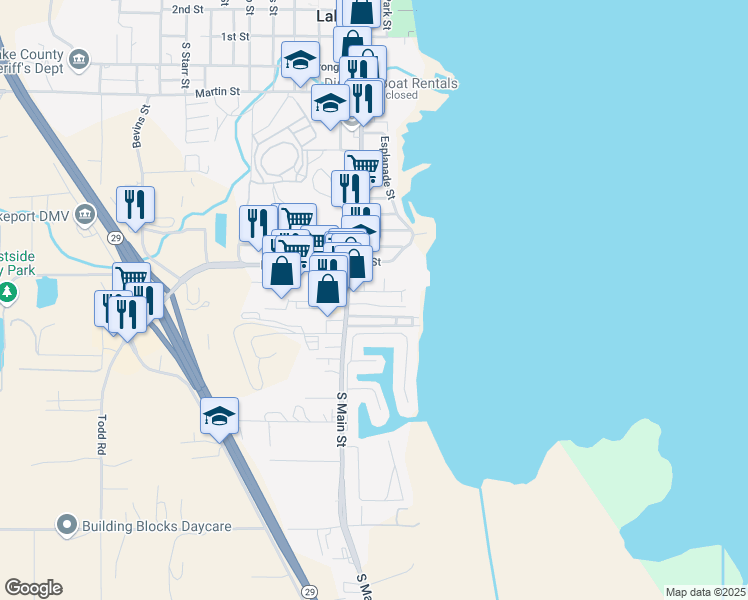 map of restaurants, bars, coffee shops, grocery stores, and more near 1350 South Main Street in Lakeport
