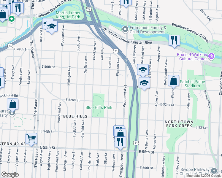 map of restaurants, bars, coffee shops, grocery stores, and more near 5115 Olive Street in Kansas City