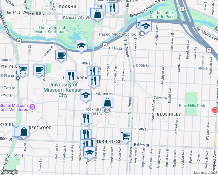 map of restaurants, bars, coffee shops, grocery stores, and more near 1314 Rockhurst Road in Kansas City