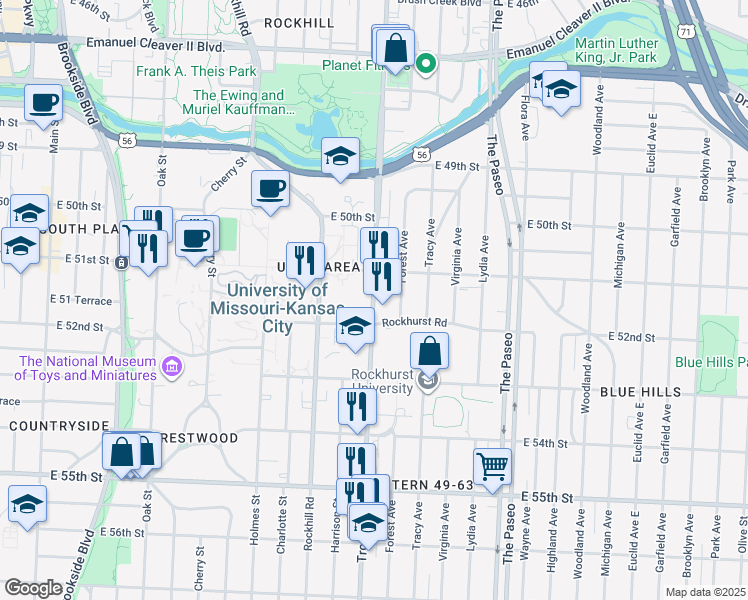map of restaurants, bars, coffee shops, grocery stores, and more near 1100 Rockhurst Road in Kansas City