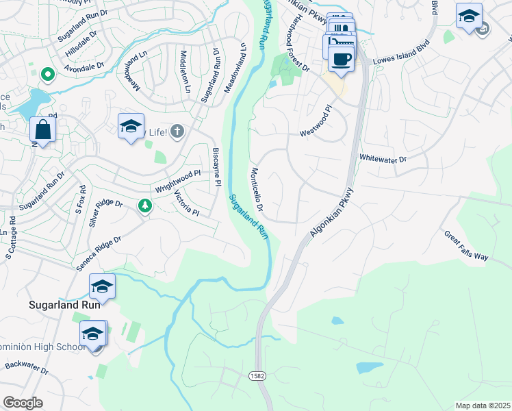 map of restaurants, bars, coffee shops, grocery stores, and more near 10832 Monticello Drive in Great Falls