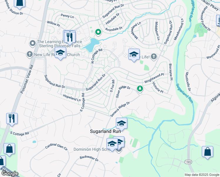 map of restaurants, bars, coffee shops, grocery stores, and more near 121 South Fox Road in Sterling