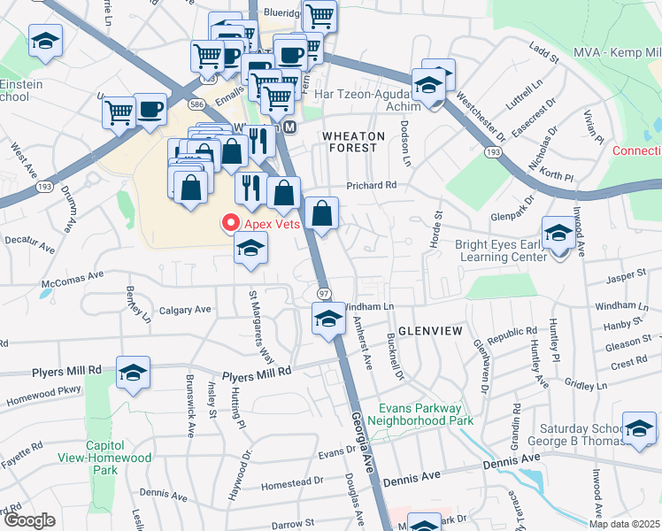 map of restaurants, bars, coffee shops, grocery stores, and more near 10820 Georgia Avenue in Silver Spring