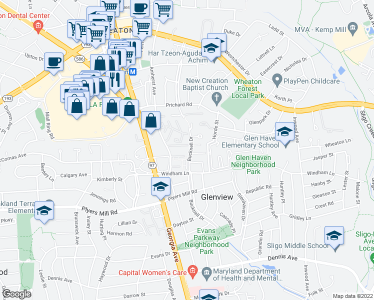 map of restaurants, bars, coffee shops, grocery stores, and more near 10860-10864 Bucknell Drive in Silver Spring