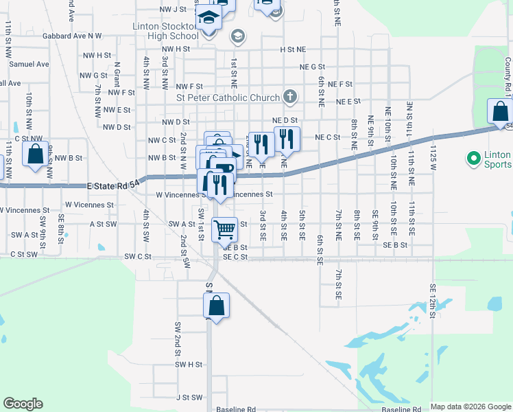 map of restaurants, bars, coffee shops, grocery stores, and more near 290 3rd Street Southeast in Linton