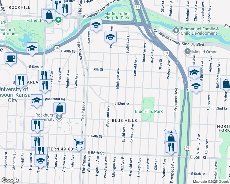 map of restaurants, bars, coffee shops, grocery stores, and more near 5114 Michigan Avenue in Kansas City