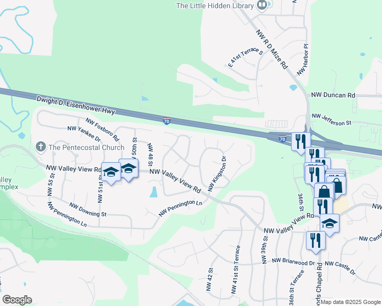 map of restaurants, bars, coffee shops, grocery stores, and more near 1504 Northwest Amesbury Drive in Blue Springs