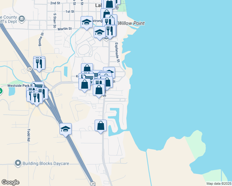 map of restaurants, bars, coffee shops, grocery stores, and more near 45 Royale Avenue in Lakeport