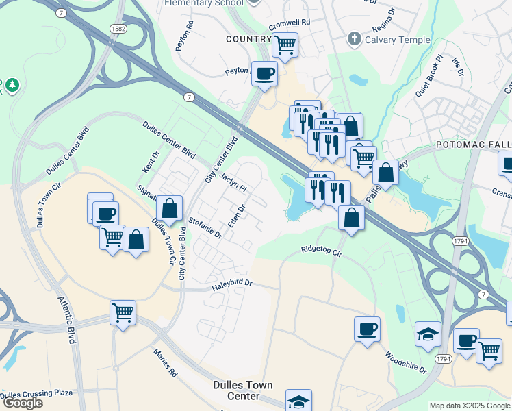map of restaurants, bars, coffee shops, grocery stores, and more near 45843 Debhill Terrace in Sterling