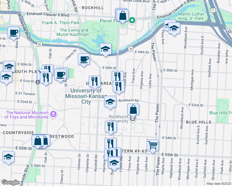 map of restaurants, bars, coffee shops, grocery stores, and more near 5151 Troost Avenue in Kansas City