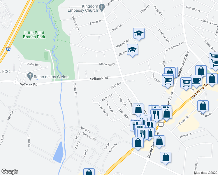 map of restaurants, bars, coffee shops, grocery stores, and more near 10436 43rd Avenue in Beltsville
