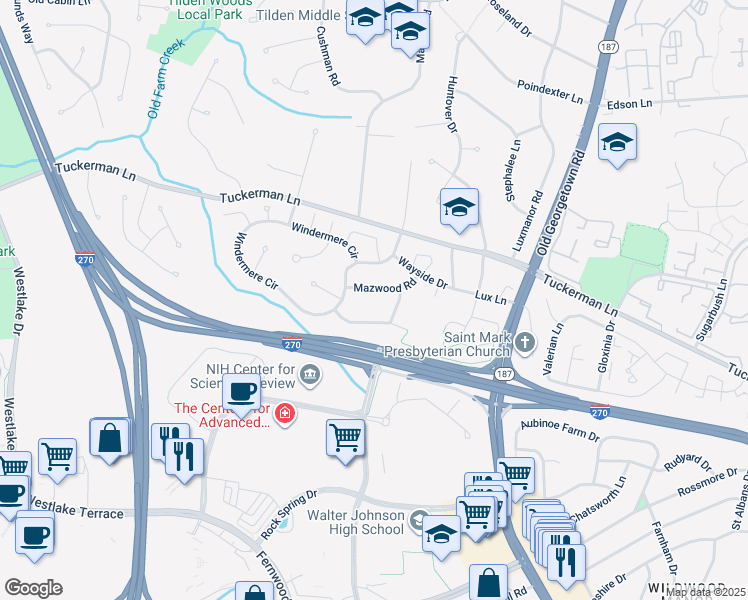 map of restaurants, bars, coffee shops, grocery stores, and more near 6220 Mazwood Road in Rockville