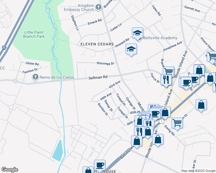 map of restaurants, bars, coffee shops, grocery stores, and more near 10436 43rd Avenue in Beltsville