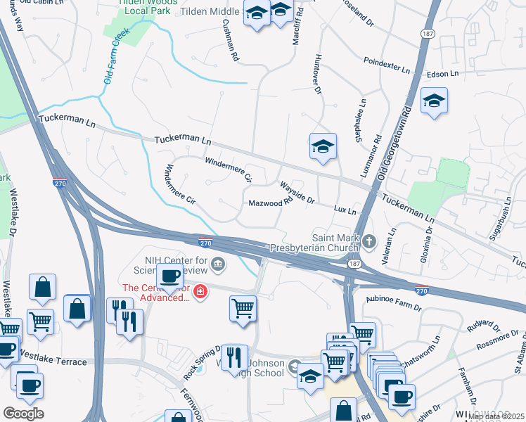 map of restaurants, bars, coffee shops, grocery stores, and more near 6220 Mazwood Road in Rockville