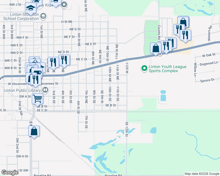 map of restaurants, bars, coffee shops, grocery stores, and more near 10th Street Southeast in Linton