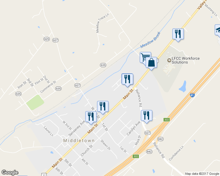 map of restaurants, bars, coffee shops, grocery stores, and more near 7675 Main Street in Middletown