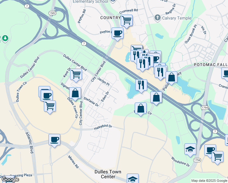 map of restaurants, bars, coffee shops, grocery stores, and more near 45843 Debhill Terrace in Sterling