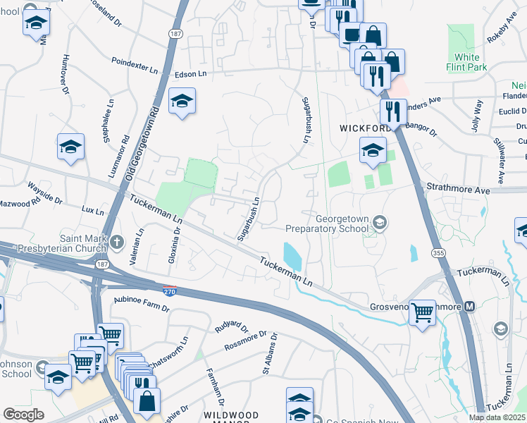 map of restaurants, bars, coffee shops, grocery stores, and more near 10823 Hampton Mill Terrace in North Bethesda