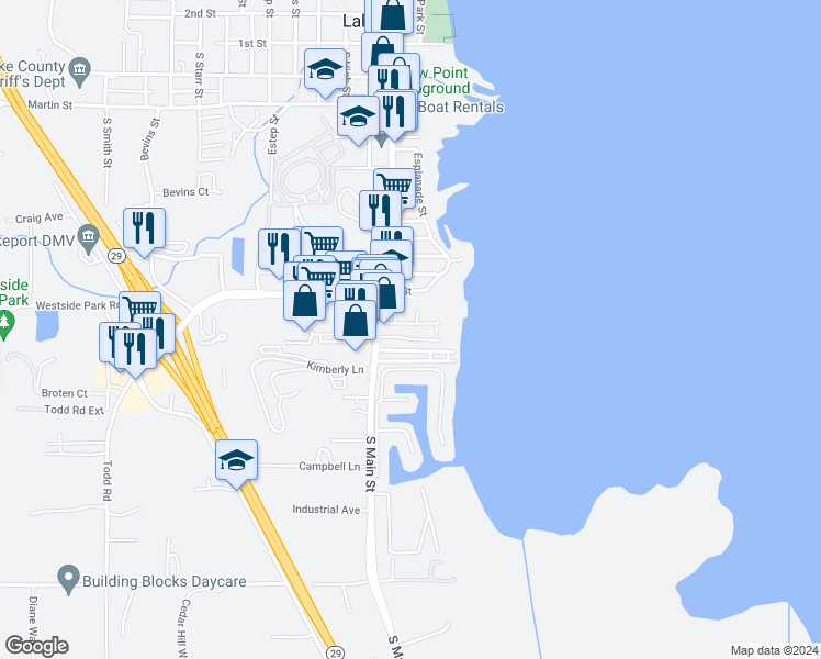 map of restaurants, bars, coffee shops, grocery stores, and more near 55 Royale Avenue in Lakeport