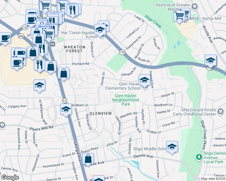 map of restaurants, bars, coffee shops, grocery stores, and more near 1200 McMahon Road in Wheaton-Glenmont