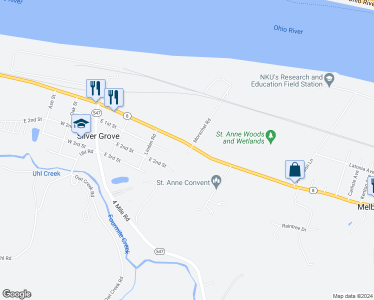 map of restaurants, bars, coffee shops, grocery stores, and more near 5332 Mary Ingles Highway in Melbourne