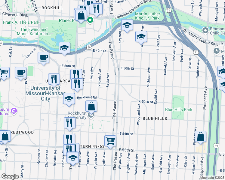 map of restaurants, bars, coffee shops, grocery stores, and more near 5136 The Paseo in Kansas City