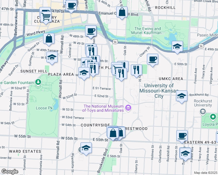 map of restaurants, bars, coffee shops, grocery stores, and more near 40 East 52nd Street in Kansas City