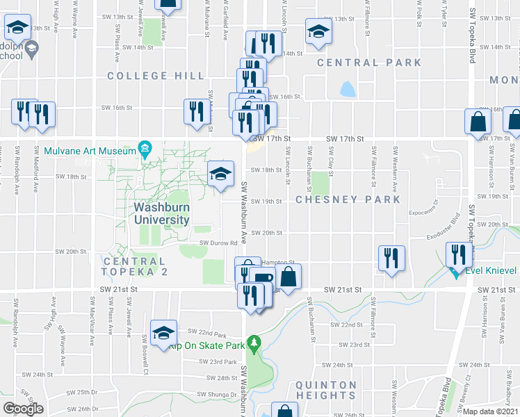 map of restaurants, bars, coffee shops, grocery stores, and more near 1905 Southwest Lane Street in Topeka
