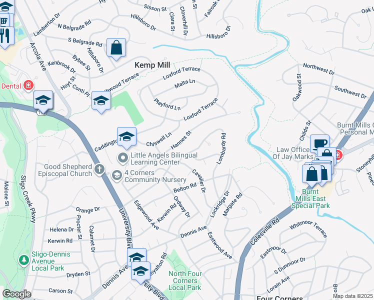 map of restaurants, bars, coffee shops, grocery stores, and more near 11201 Lombardy Road in Silver Spring