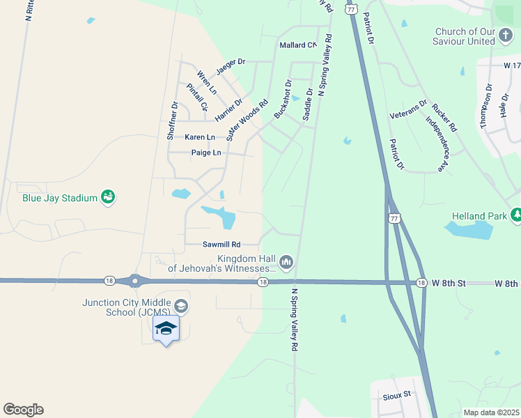map of restaurants, bars, coffee shops, grocery stores, and more near 2432 Fox Sparrow Court in Junction City