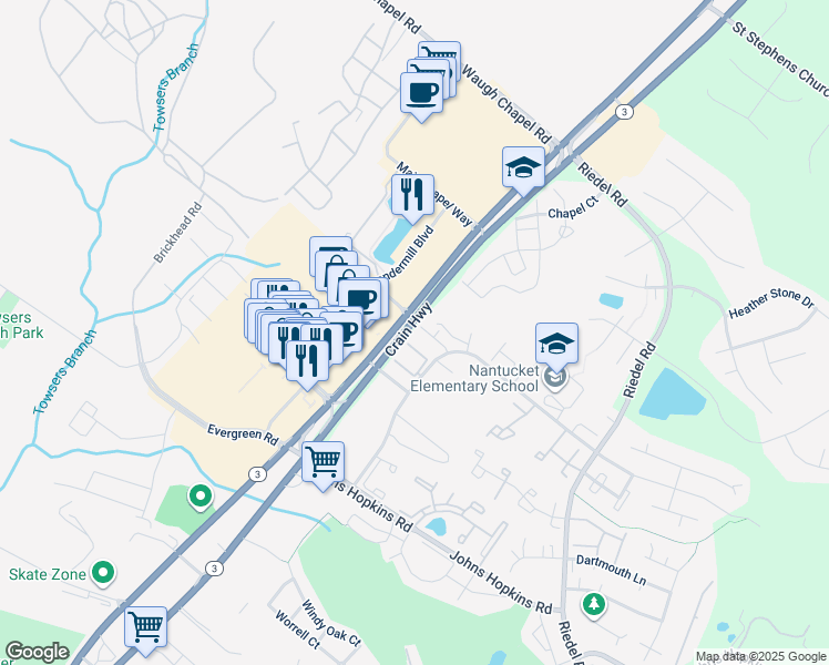 map of restaurants, bars, coffee shops, grocery stores, and more near 2441 Lizbec Court in Crofton