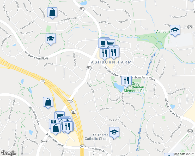 map of restaurants, bars, coffee shops, grocery stores, and more near 21066 Cornerpost Square in Ashburn