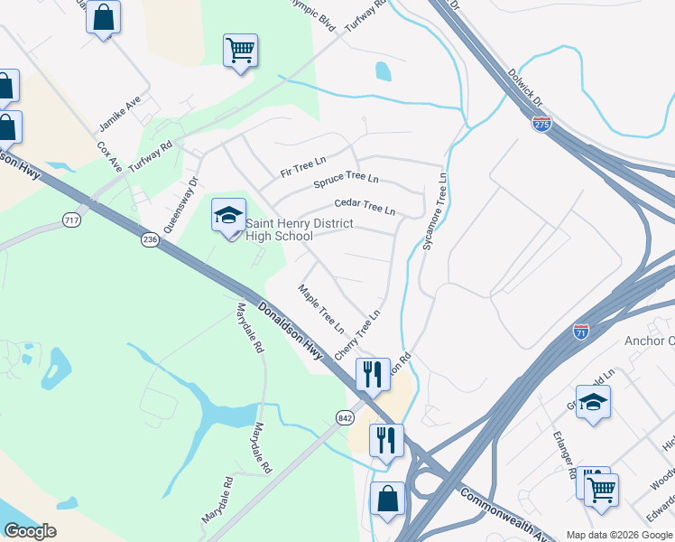 map of restaurants, bars, coffee shops, grocery stores, and more near 680 Peach Tree Lane in Erlanger