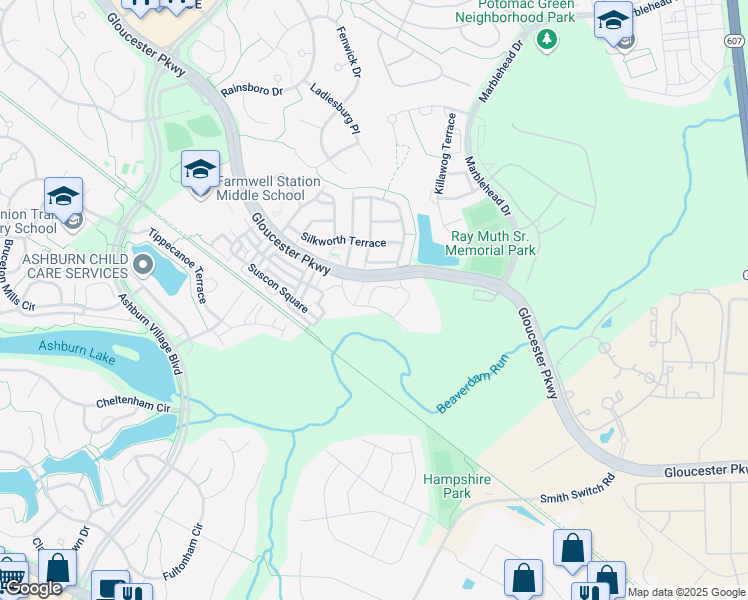 map of restaurants, bars, coffee shops, grocery stores, and more near 21052 Lowry Park Terrace in Ashburn