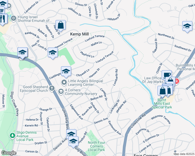 map of restaurants, bars, coffee shops, grocery stores, and more near 11201 Lombardy Road in Silver Spring