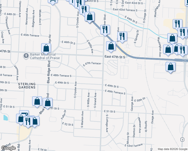 map of restaurants, bars, coffee shops, grocery stores, and more near 12617 East 48th Terrace South in Independence