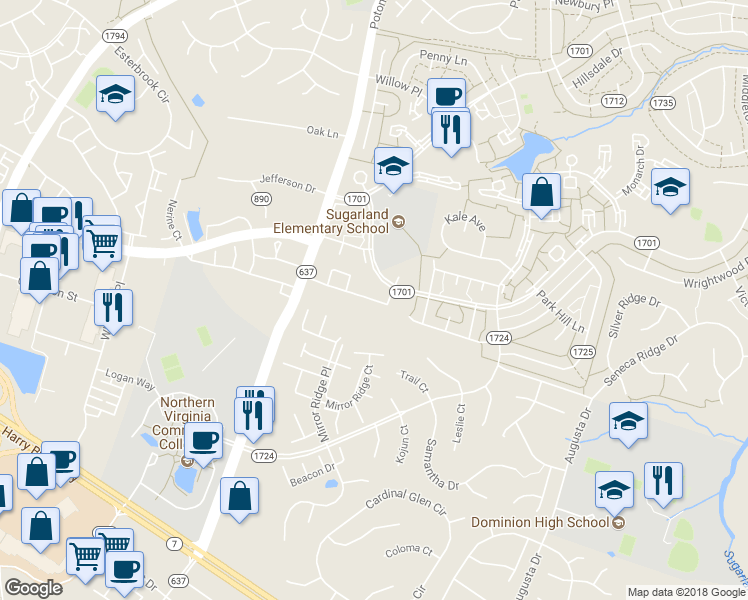 map of restaurants, bars, coffee shops, grocery stores, and more near 202 Marcum Court in Sterling