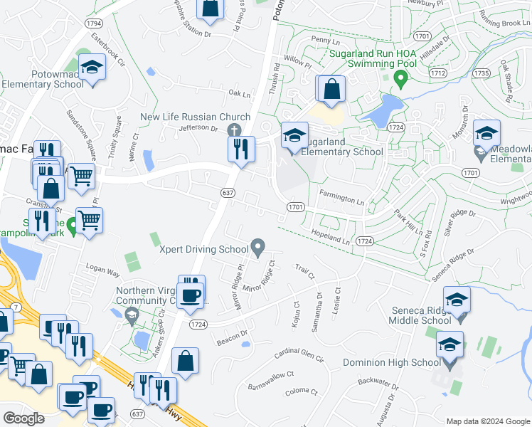 map of restaurants, bars, coffee shops, grocery stores, and more near 214 Charing Court in Sterling