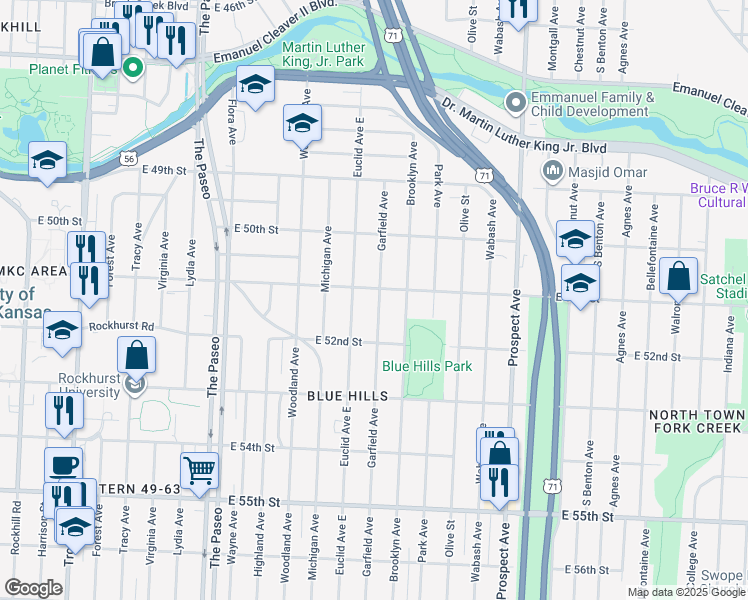 map of restaurants, bars, coffee shops, grocery stores, and more near 5106 Garfield Avenue in Kansas City