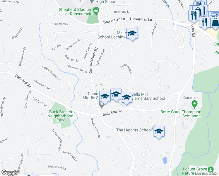 map of restaurants, bars, coffee shops, grocery stores, and more near 8529 Bells Ridge Terrace in Potomac