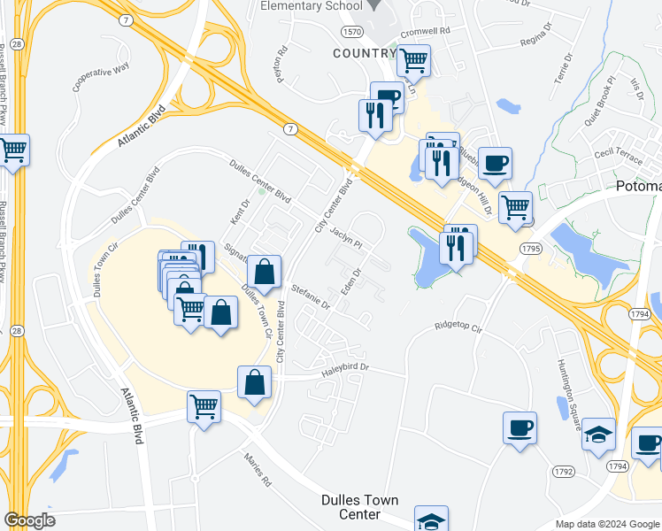 map of restaurants, bars, coffee shops, grocery stores, and more near 21036 Forum Terrace in Sterling