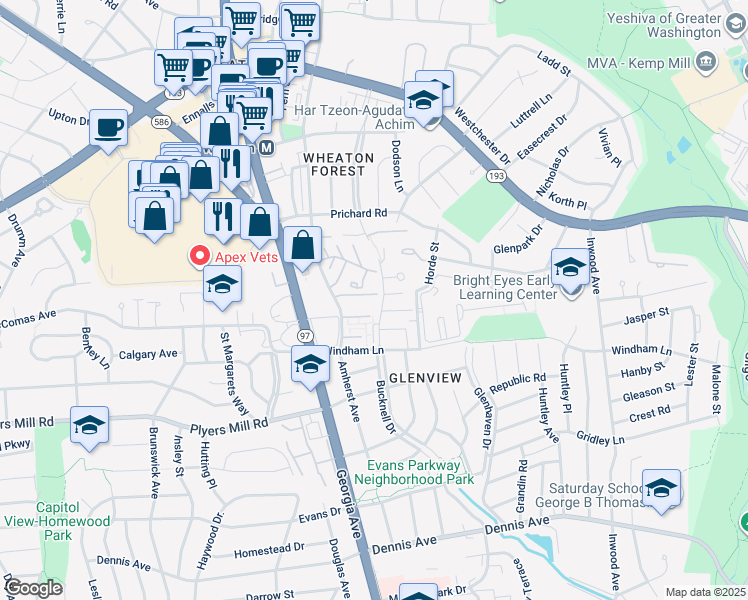 map of restaurants, bars, coffee shops, grocery stores, and more near 10860-10864 Bucknell Drive in Silver Spring