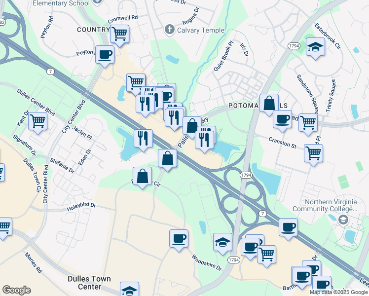 map of restaurants, bars, coffee shops, grocery stores, and more near 21036 Tripleseven Road in Potomac Falls