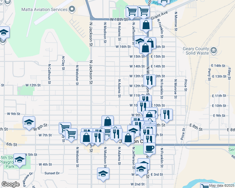 map of restaurants, bars, coffee shops, grocery stores, and more near 1104 North Adams Street in Junction City