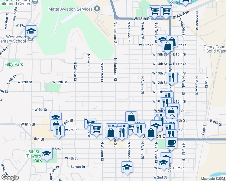 map of restaurants, bars, coffee shops, grocery stores, and more near 1014 North Jackson Street in Junction City