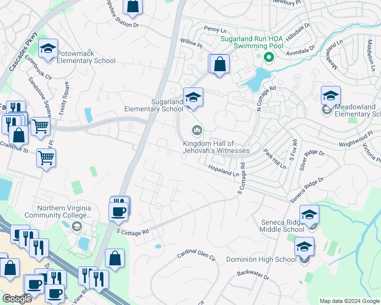 map of restaurants, bars, coffee shops, grocery stores, and more near 208 Giles Place in Sterling