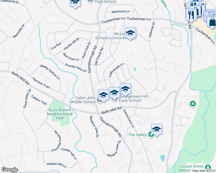 map of restaurants, bars, coffee shops, grocery stores, and more near 8529 Bells Ridge Terrace in Potomac