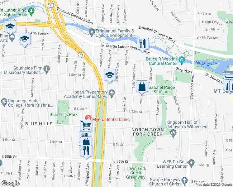 map of restaurants, bars, coffee shops, grocery stores, and more near 5099 South Benton Avenue in Kansas City