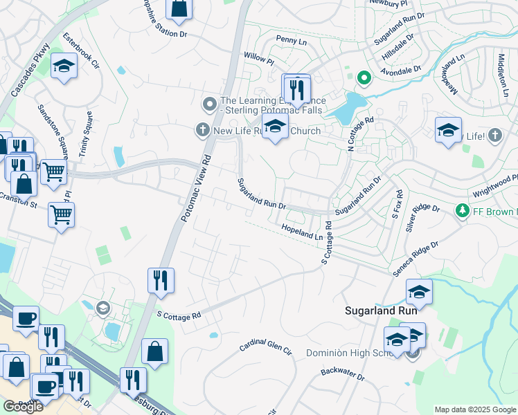 map of restaurants, bars, coffee shops, grocery stores, and more near 208 Giles Place in Sterling