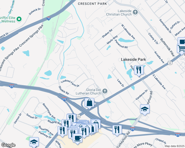 map of restaurants, bars, coffee shops, grocery stores, and more near 100 Whitney Court in Crestview Hills